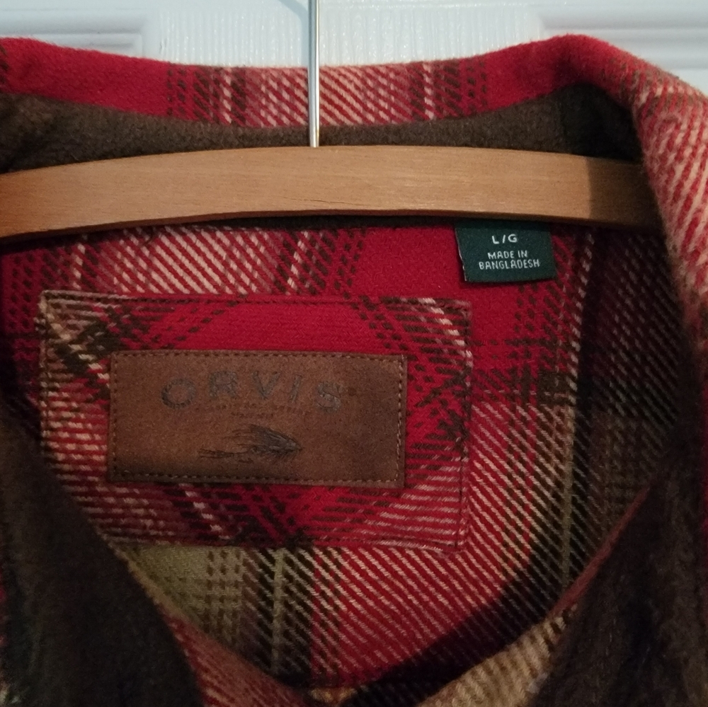 Orvis Flannel Twill Heavy Red Brown Plaid Shirt Jacket w/Pockets Sz L - Picture 5 of 5